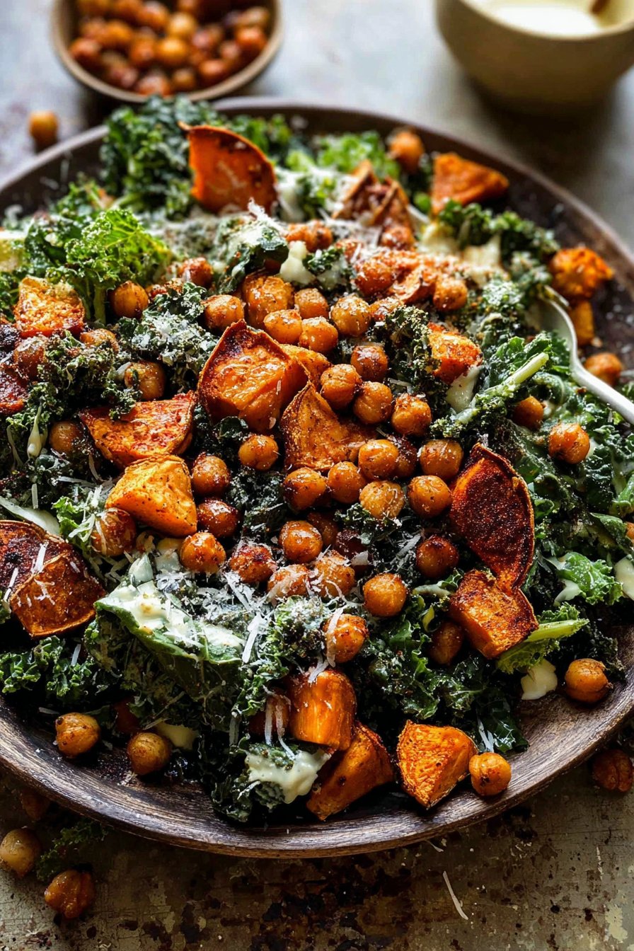 Kale Caesar Salad with Roasted Sweet Potatoes and Chickpeas 2 Kale Caesar Salad with Roasted Sweet Potatoes and Chickpeas