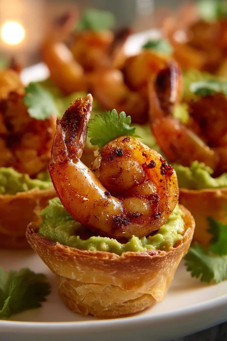 Cajun Guacamole Shrimp Cups 3 Cajun guacamole shrimp cups served in crispy shells