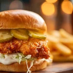 Delicious fried chicken sandwich available for National Chicken Sandwich Day.