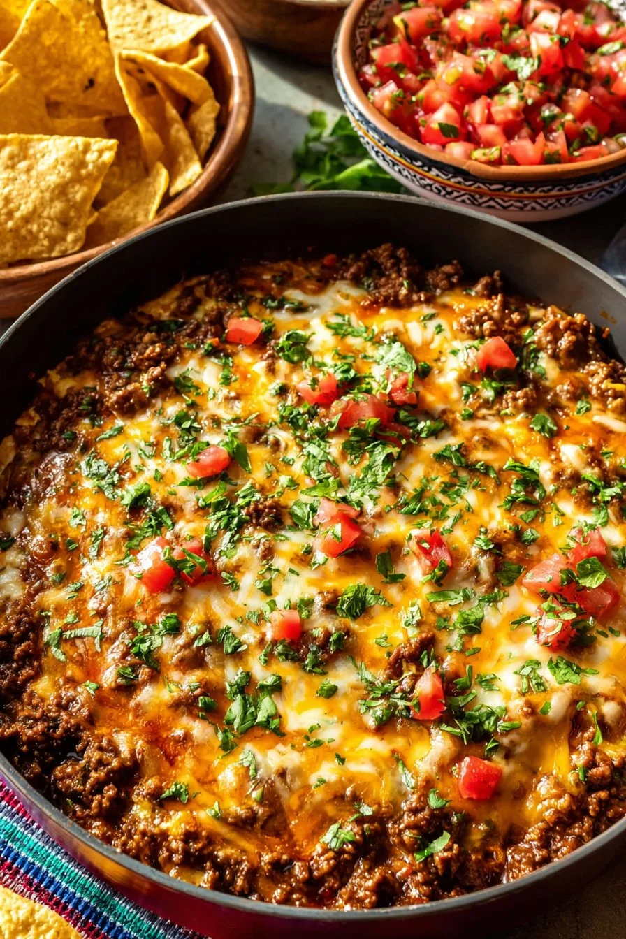 Cheesy Taco Rice Skillet 3 Cheesy Taco Rice Skillet topped with melted cheese and fresh ingredients.