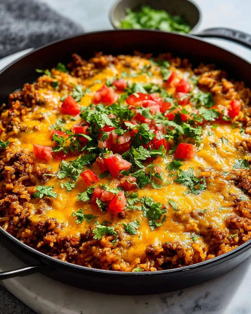 Cheesy Taco Rice Skillet Dinner 3 Cheesy Taco Rice Skillet topped with melted cheese and toppings in a pan