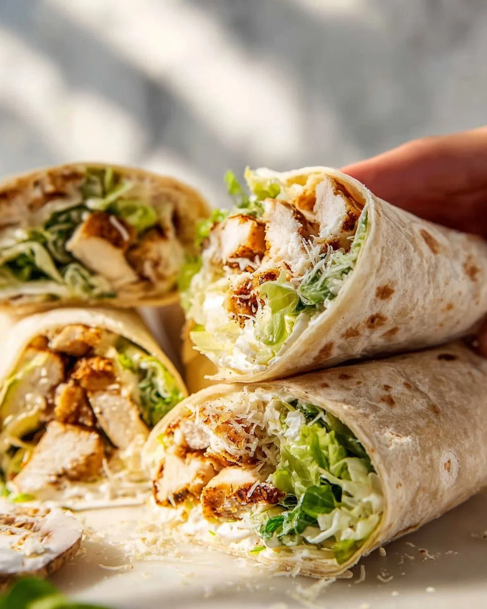 Chicken Caesar Wrap 3 Chicken Caesar Wrap with grilled chicken, romaine lettuce, and Caesar dressing.