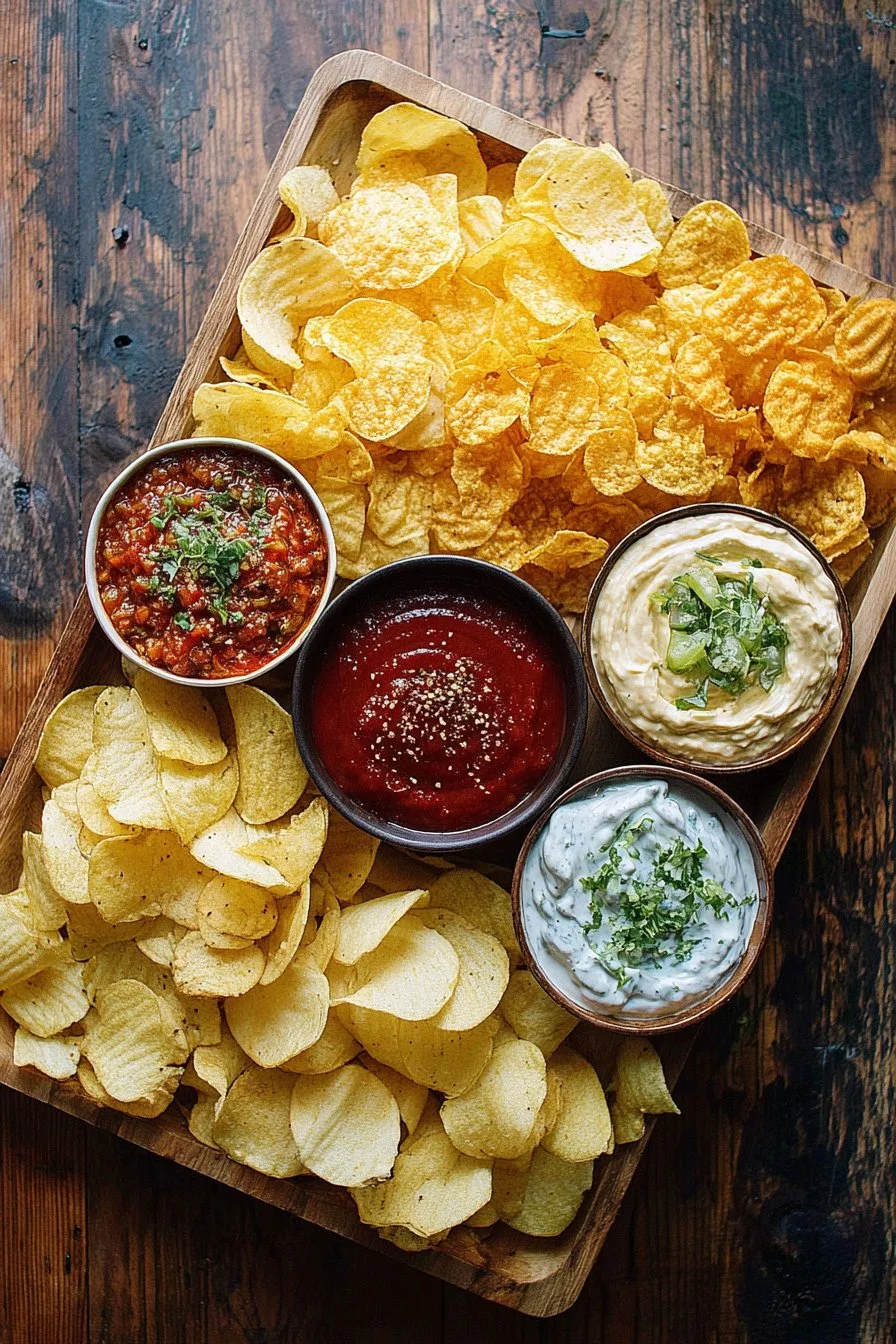 Chips and dip platter 3 A colorful platter of chips and dip including salsa, guacamole, and queso.