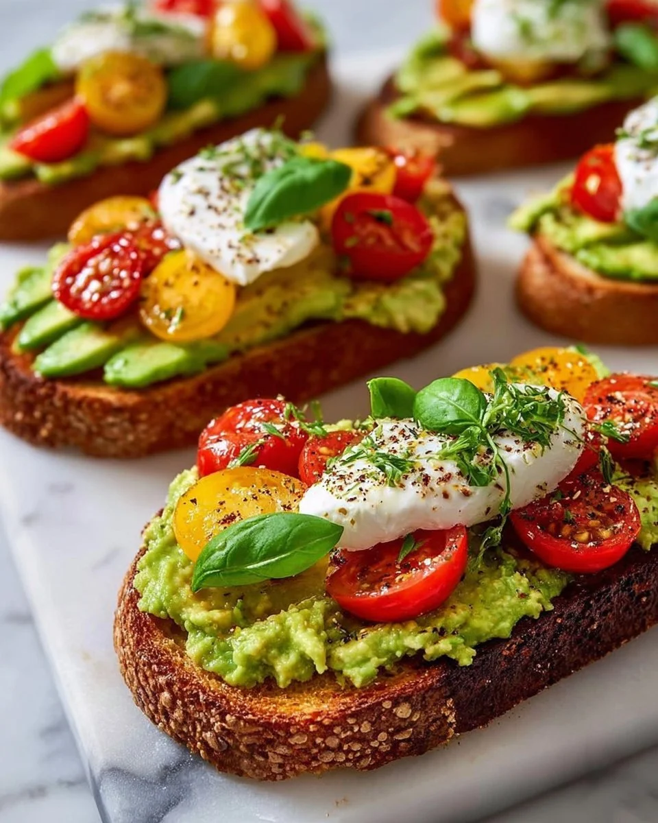 Classic Avocado Toast 3 Delicious classic avocado toast topped with cherry tomatoes and feta cheese