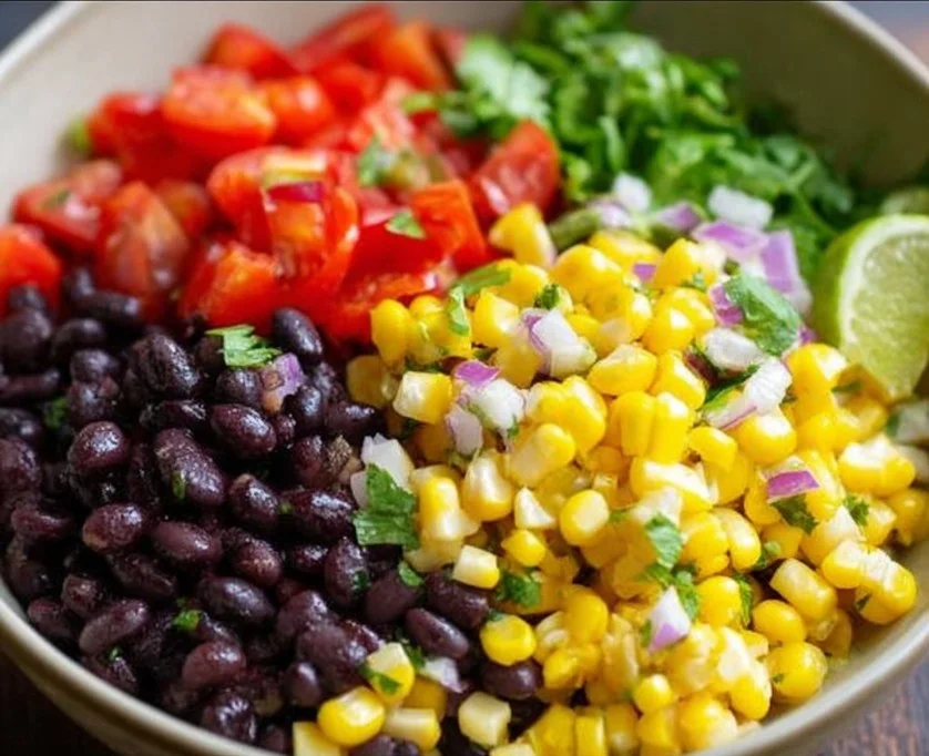 Corn and Black Bean Salad 3 Delicious corn and black bean salad in a bowl, garnished with fresh herbs
