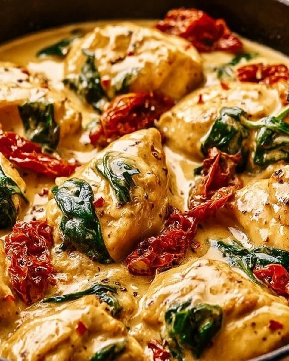 Creamy Tuscan Garlic Chicken Skillet 3 Creamy Tuscan garlic chicken skillet served with herbs and vegetables