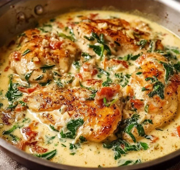 Creamy Tuscan Garlic Chicken Skillet 3 Creamy Tuscan Garlic Chicken Skillet dish with herbs and creamy sauce
