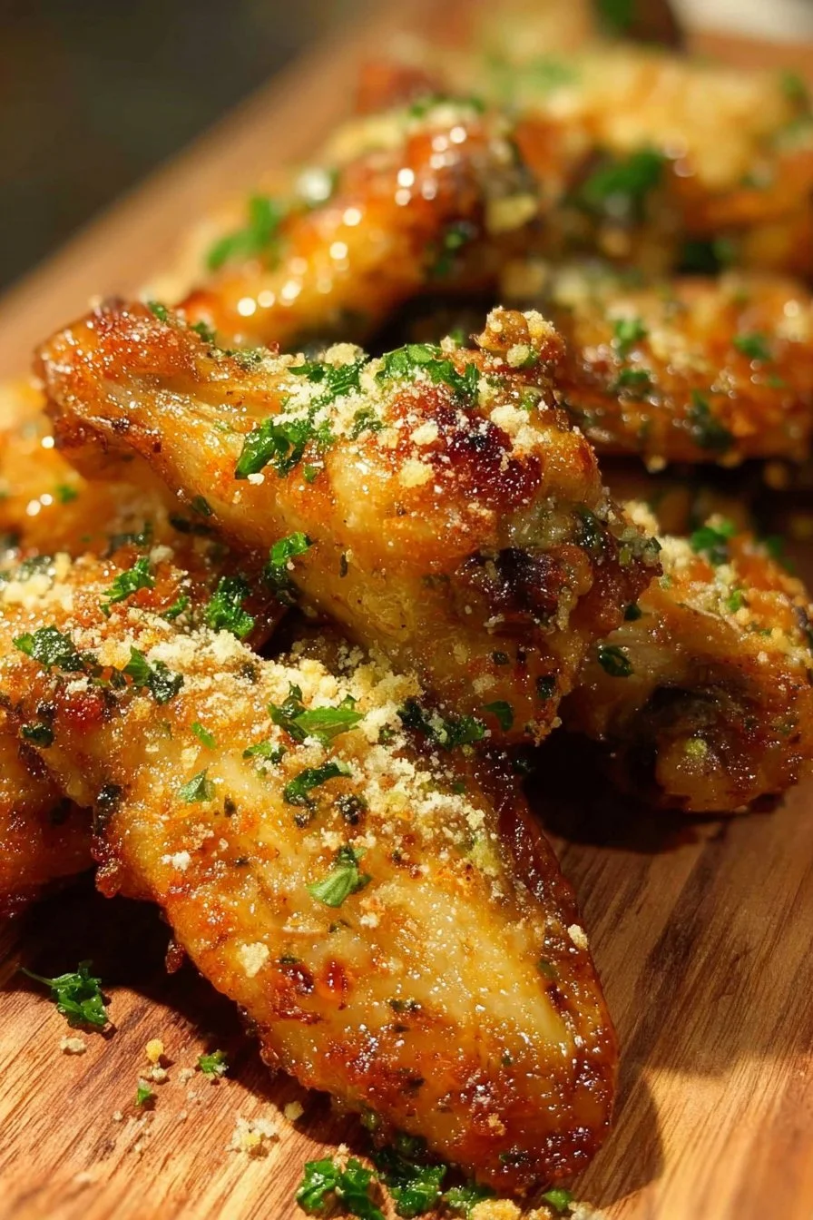 Crispy Baked Garlic Parmesan Chicken Wings 3 Crispy Baked Garlic Parmesan Chicken Wings on a platter