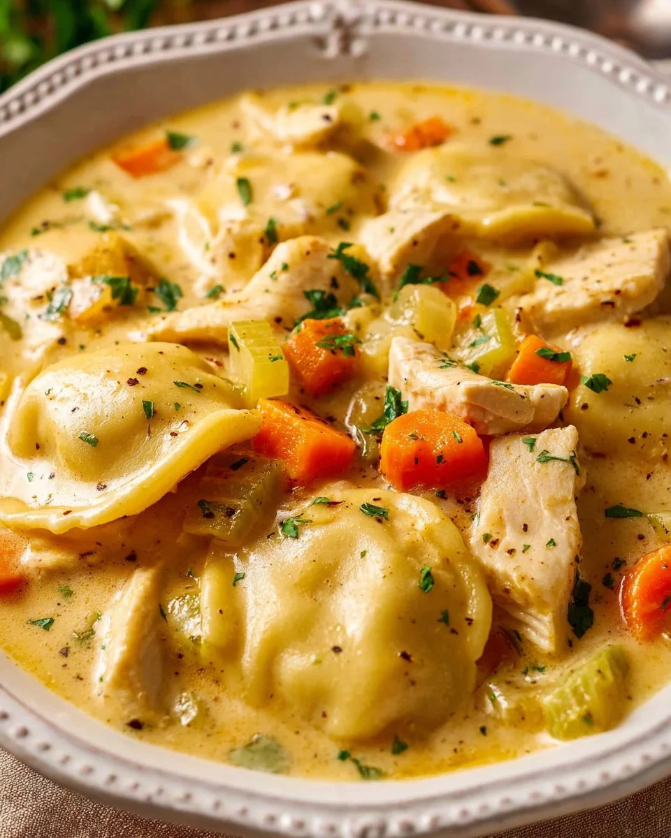 Crock Pot Chicken Pierogi Stew 3 Crock Pot Chicken Pierogi Stew in a bowl, garnished with herbs and served warm.