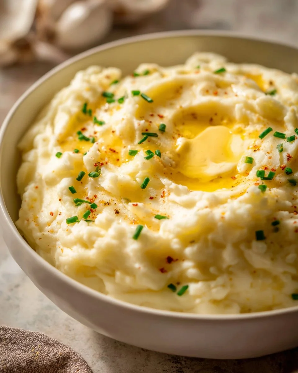 Easy Garlic Mashed Potatoes 3 Bowl of easy garlic mashed potatoes topped with fresh herbs