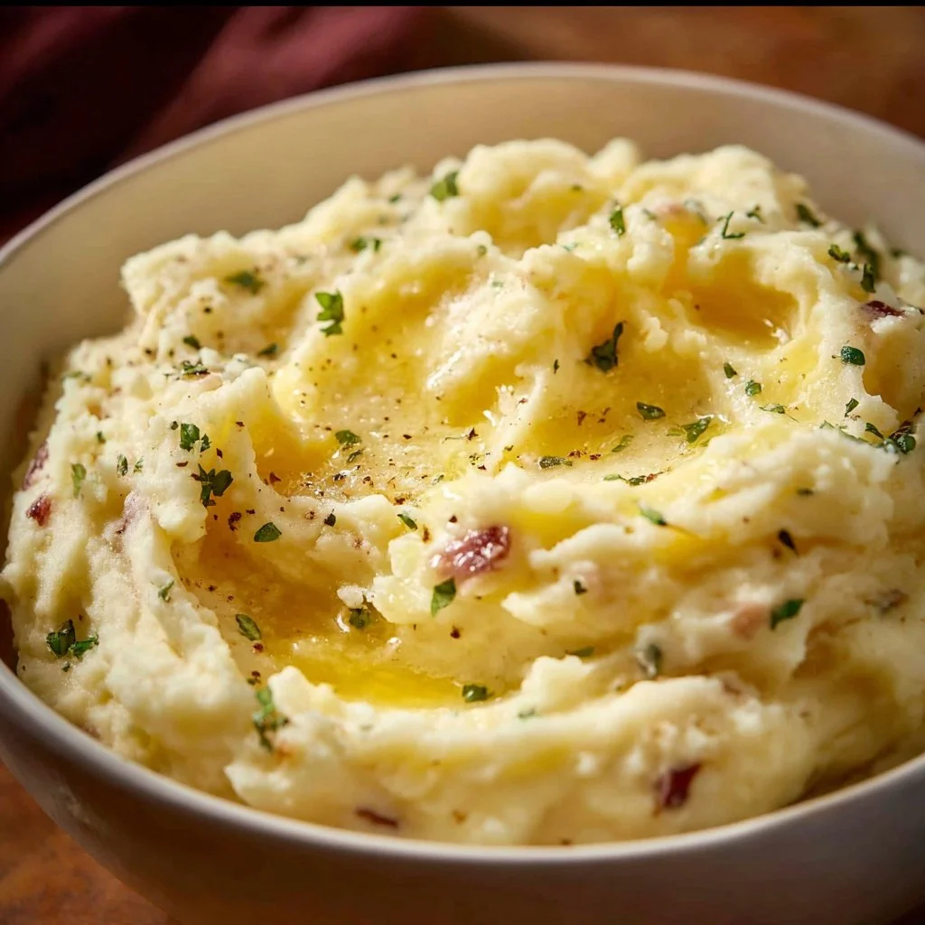 Easy Garlic Mashed Potatoes Recipe 3 Bowl of easy garlic mashed potatoes topped with fresh herbs