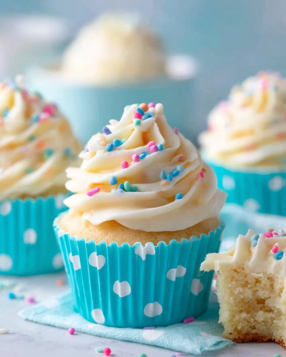 Easy Moist Vanilla Cupcakes with Vanilla Buttercream Frosting 2 Easy moist vanilla cupcakes with vanilla buttercream frosting on a plate