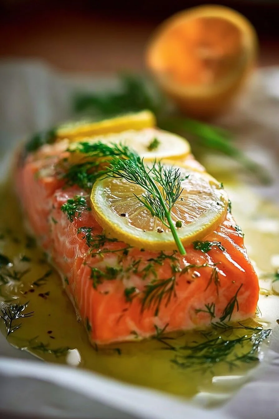 Easy Oven-Baked Salmon with Dill & Lemon 3 Plate of oven-baked salmon garnished with dill and lemon slices