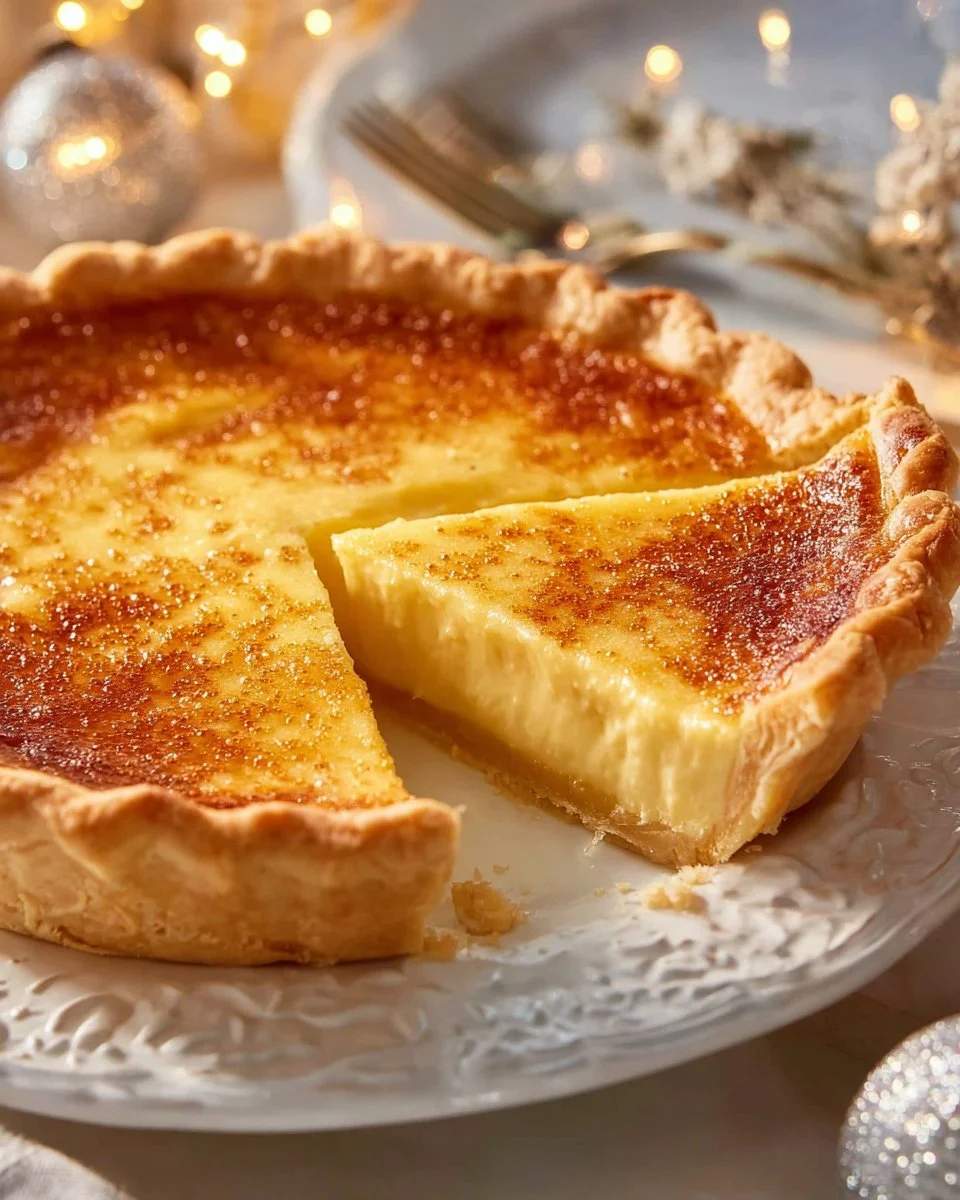 Eggnog Custard Pie 3 Delicious eggnog custard pie served with whipped cream on a festive table