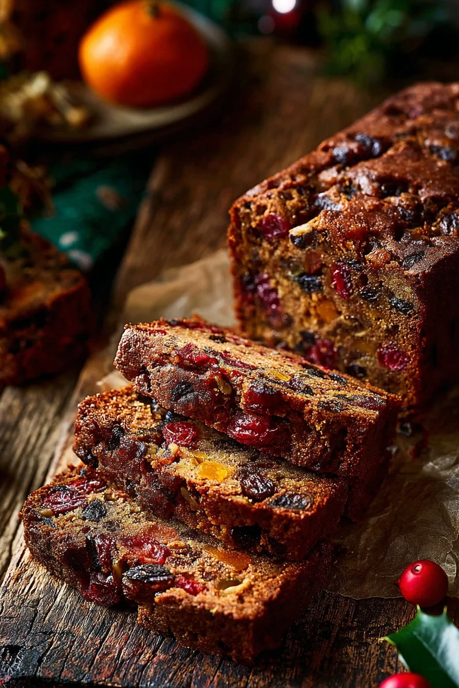 Everyone's Favorite Fruitcake 3 Delicious fruitcake decorated with fruits and nuts, perfect for holiday celebrations.