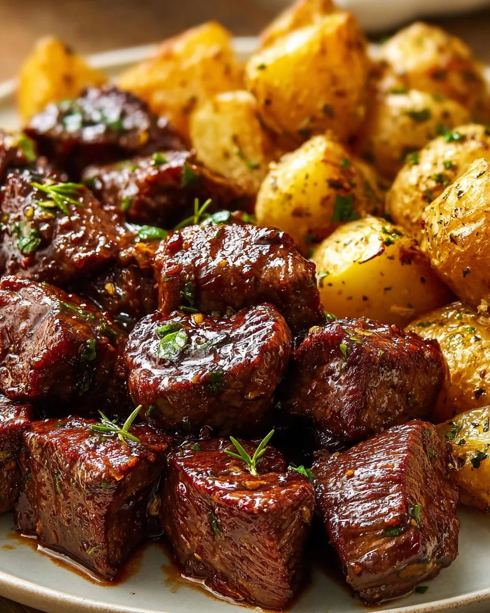 Garlic Butter Steak Bites and Potatoes (Tender & Crispy!) 3 Delicious Garlic Butter Steak Bites served with crispy potatoes