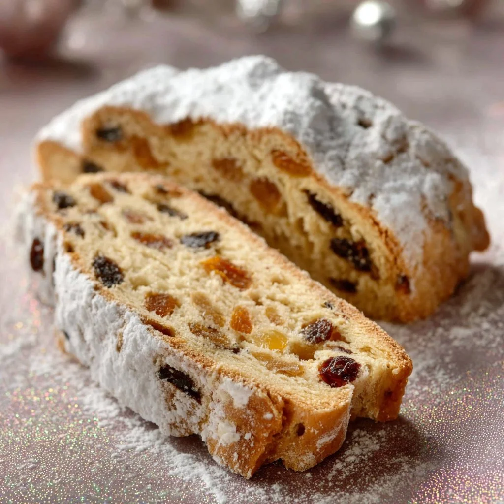 German Christmas Bread (Easy Authentic German Stollen Recipe) 3 Slices of authentic German Stollen, a festive Christmas bread with fruits and nuts.