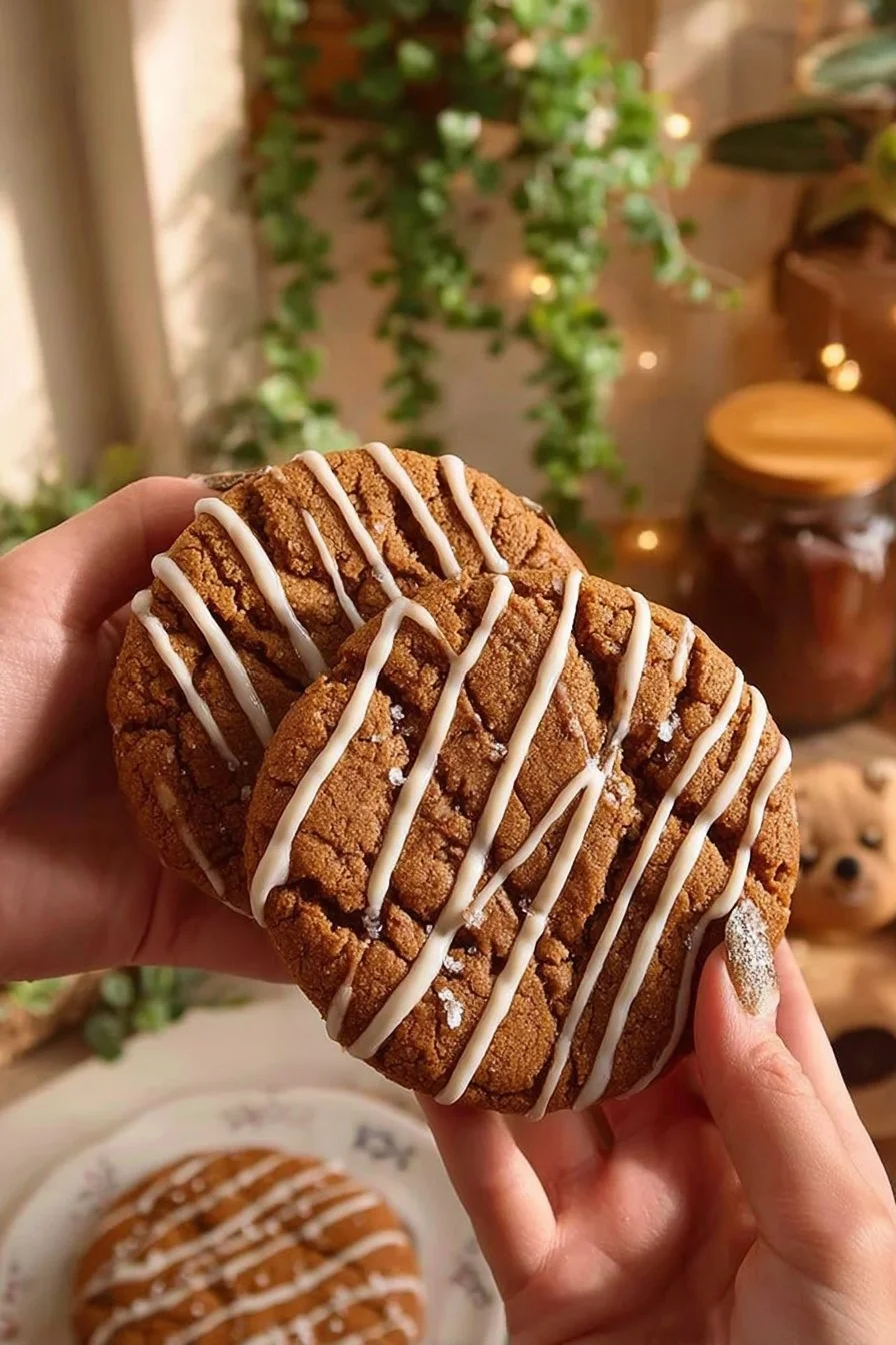 Gingerbread Latte Cookies 3 Gingerbread Latte cookies arranged on a festive plate