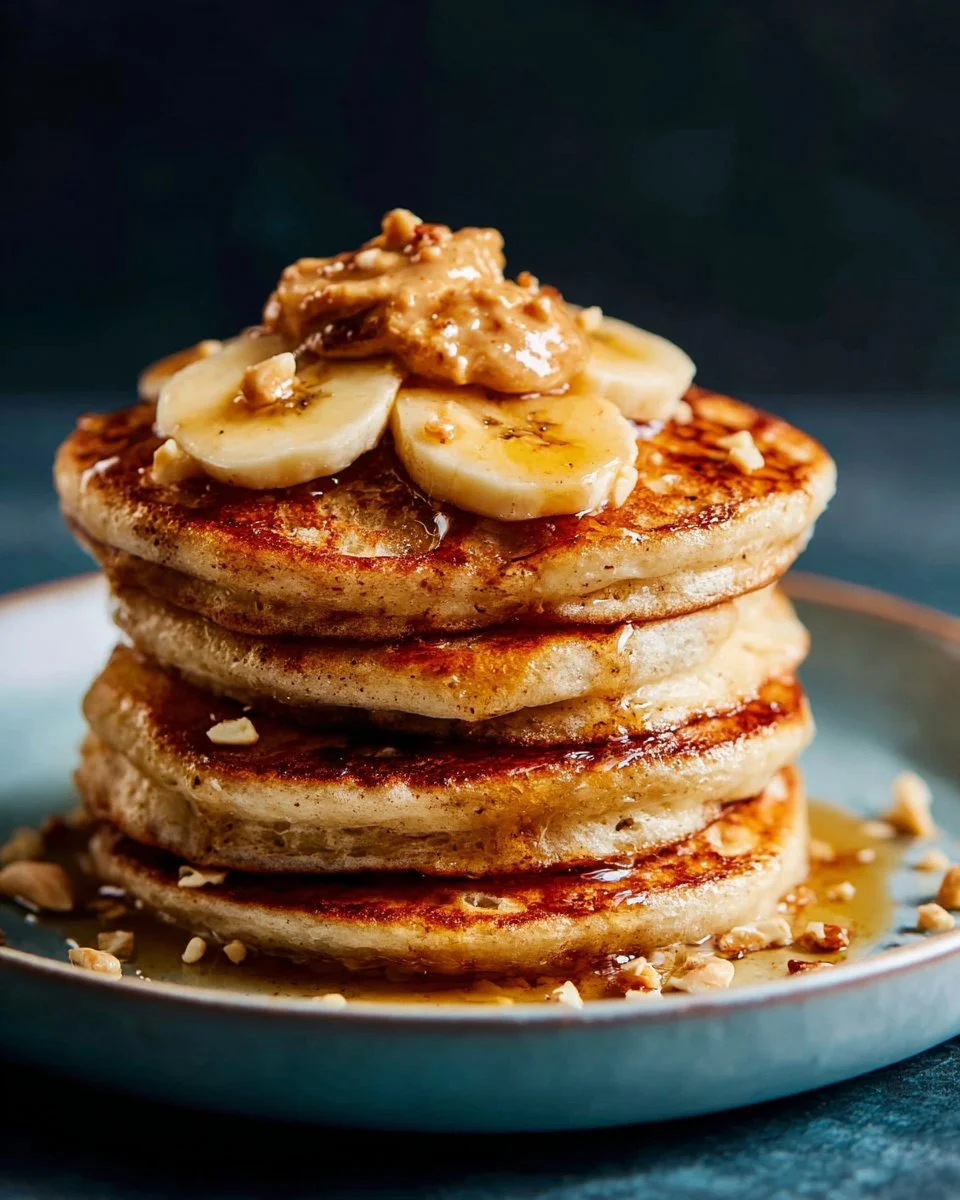 Go-To Banana Pancakes 3 Delicious stack of fluffy banana pancakes topped with fresh bananas and syrup