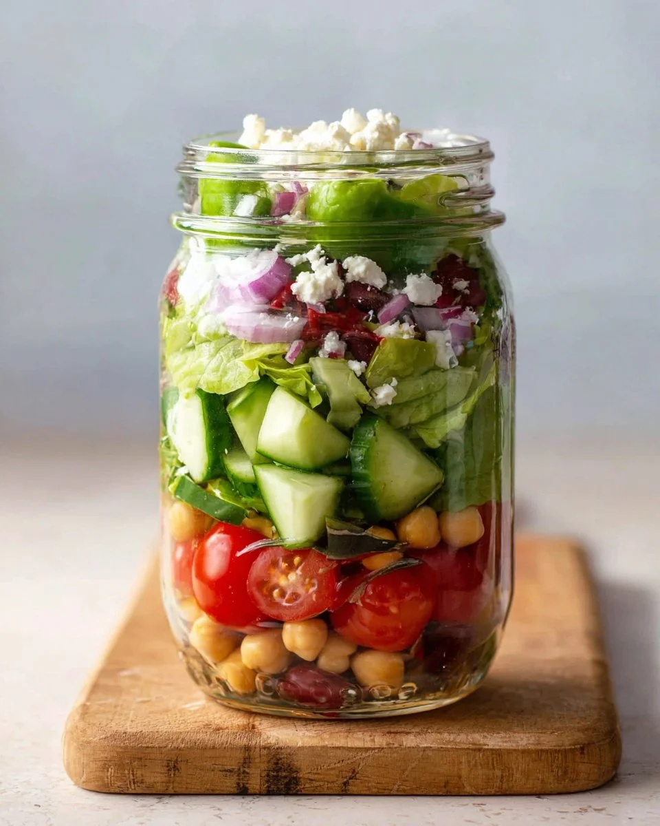 Greek Chickpea Mason Jar Salad 3 Colorful Greek Chickpea Mason Jar Salad with fresh vegetables and dressing