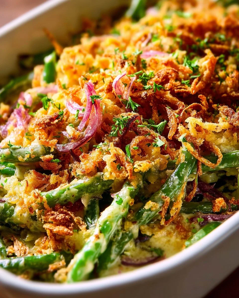 Green Bean Casserole 3 Creamy homemade green bean casserole topped with crispy onions.