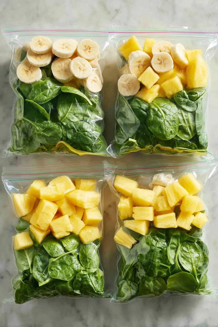 Green Smoothie Freezer Packets 3 Green smoothie freezer packets for quick and healthy meal prep.
