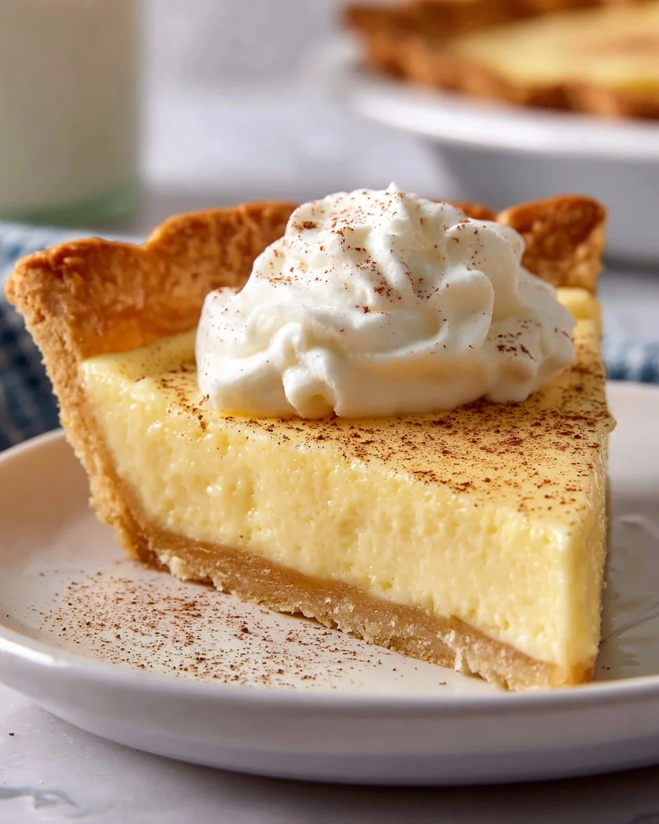 Holiday Eggnog Custard Pie 3 A slice of holiday eggnog custard pie topped with whipped cream and nutmeg