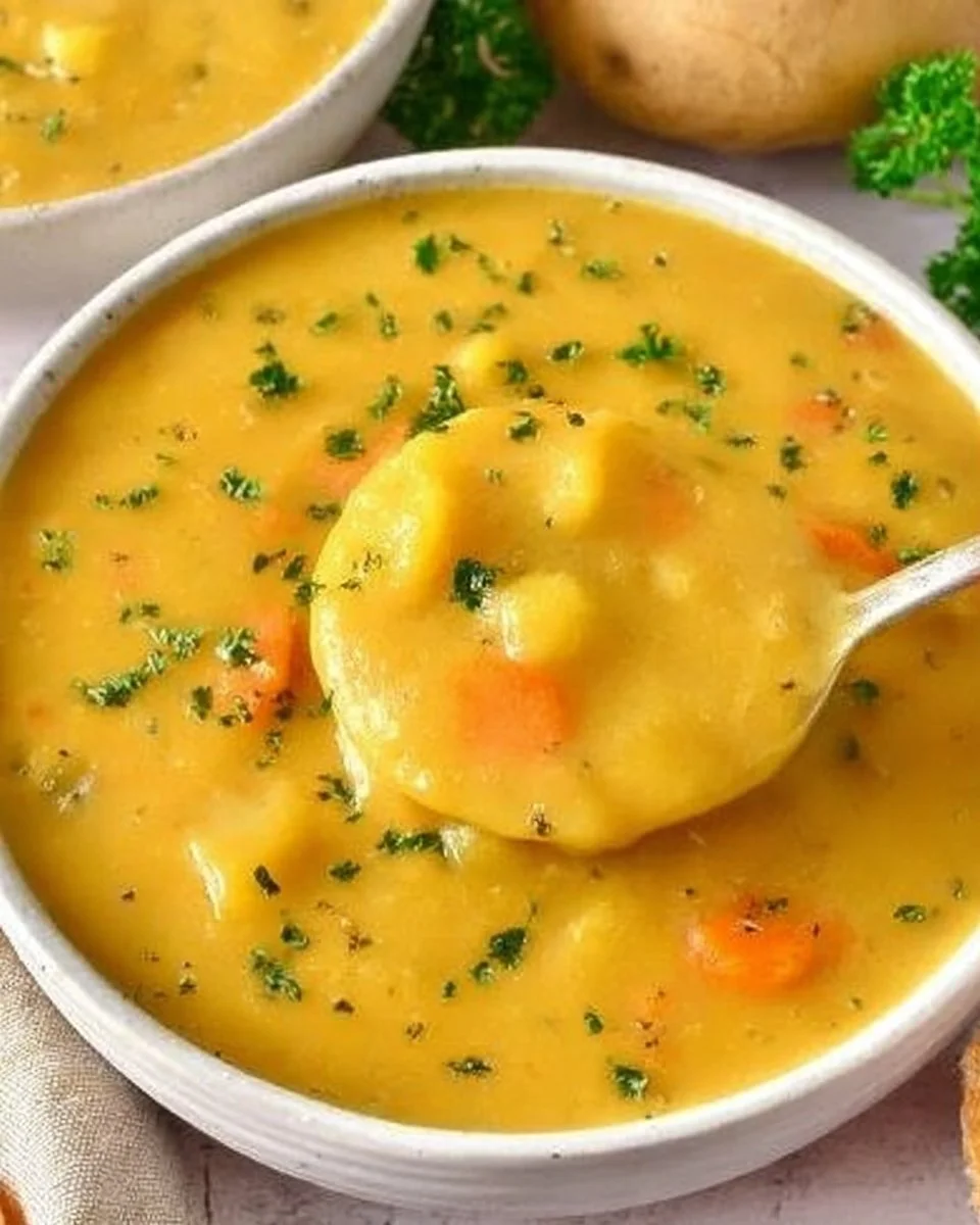 Homemade German Potato Soup (Kartoffelsuppe) 3 Bowl of homemade German Potato Soup (Kartoffelsuppe) garnished with herbs