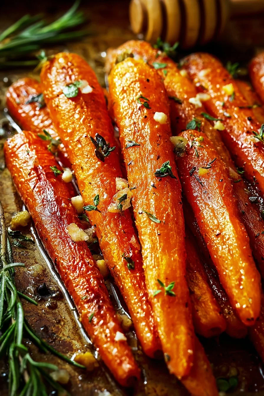 Honey Roasted Carrots 3 Delicious honey roasted carrots on a white plate, garnished with herbs.