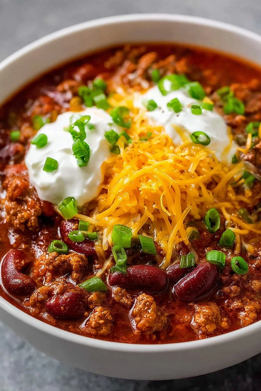 Instant Pot Chili Recipe: Hearty, Easy, and Flavor-Packed 3 Delicious Instant Pot chili ready to be served in a bowl with toppings