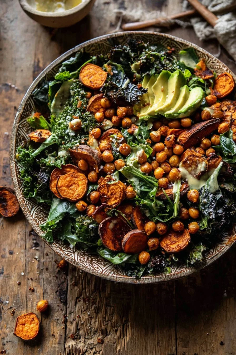 Kale Caesar Salad with Roasted Sweet Potatoes and Chickpeas 3 Kale Caesar Salad topped with roasted sweet potatoes and chickpeas for a healthy meal