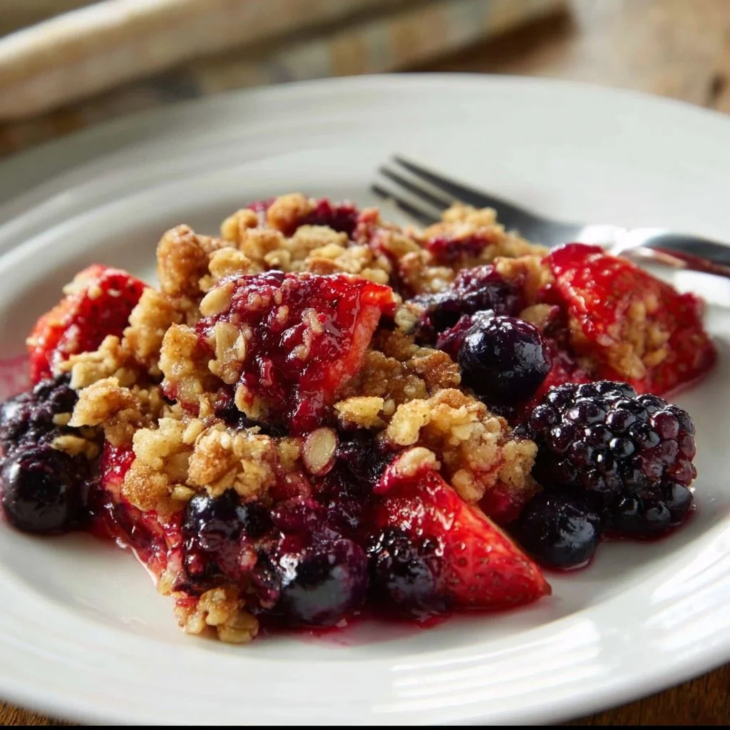 Mixed Berries with an Oatmeal Crumble Topping 3 Bowl of mixed berries topped with oatmeal crumble for a delicious dessert.