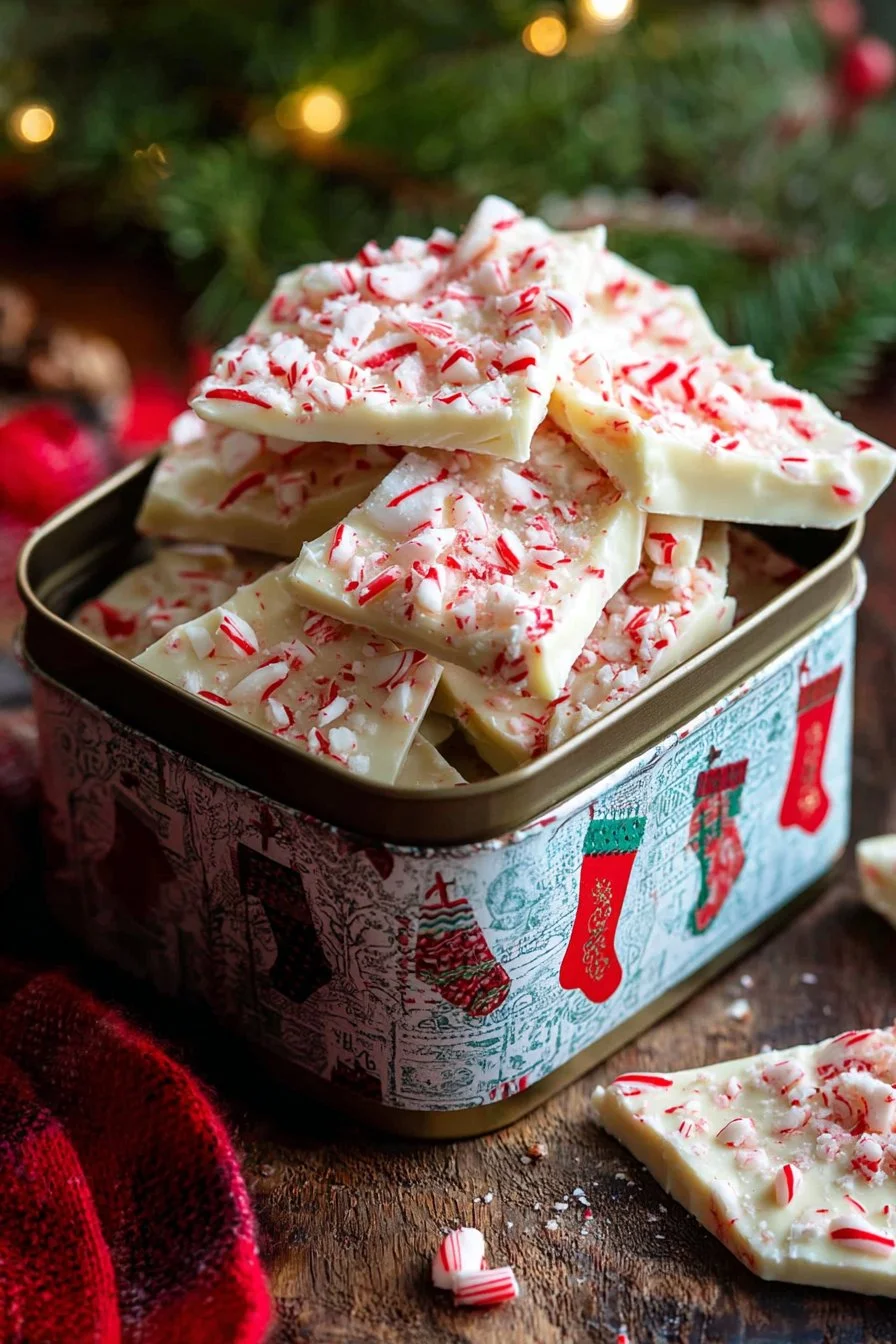 Peppermint Bark 3 Homemade peppermint bark with chocolate and crushed candy canes for a festive treat