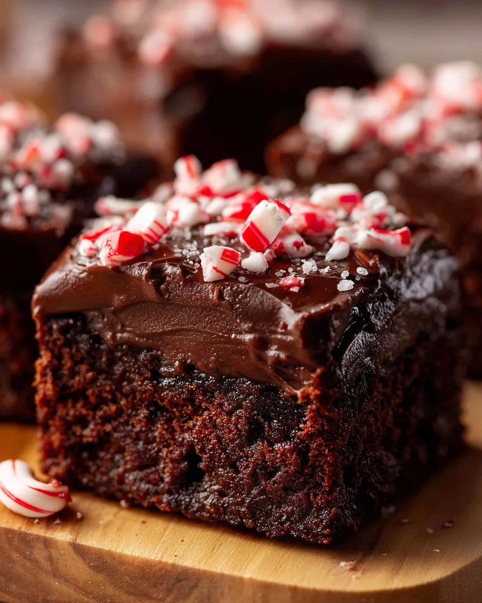 Peppermint Brownies 3 Delicious peppermint brownies topped with creamy frosting and festive candy canes