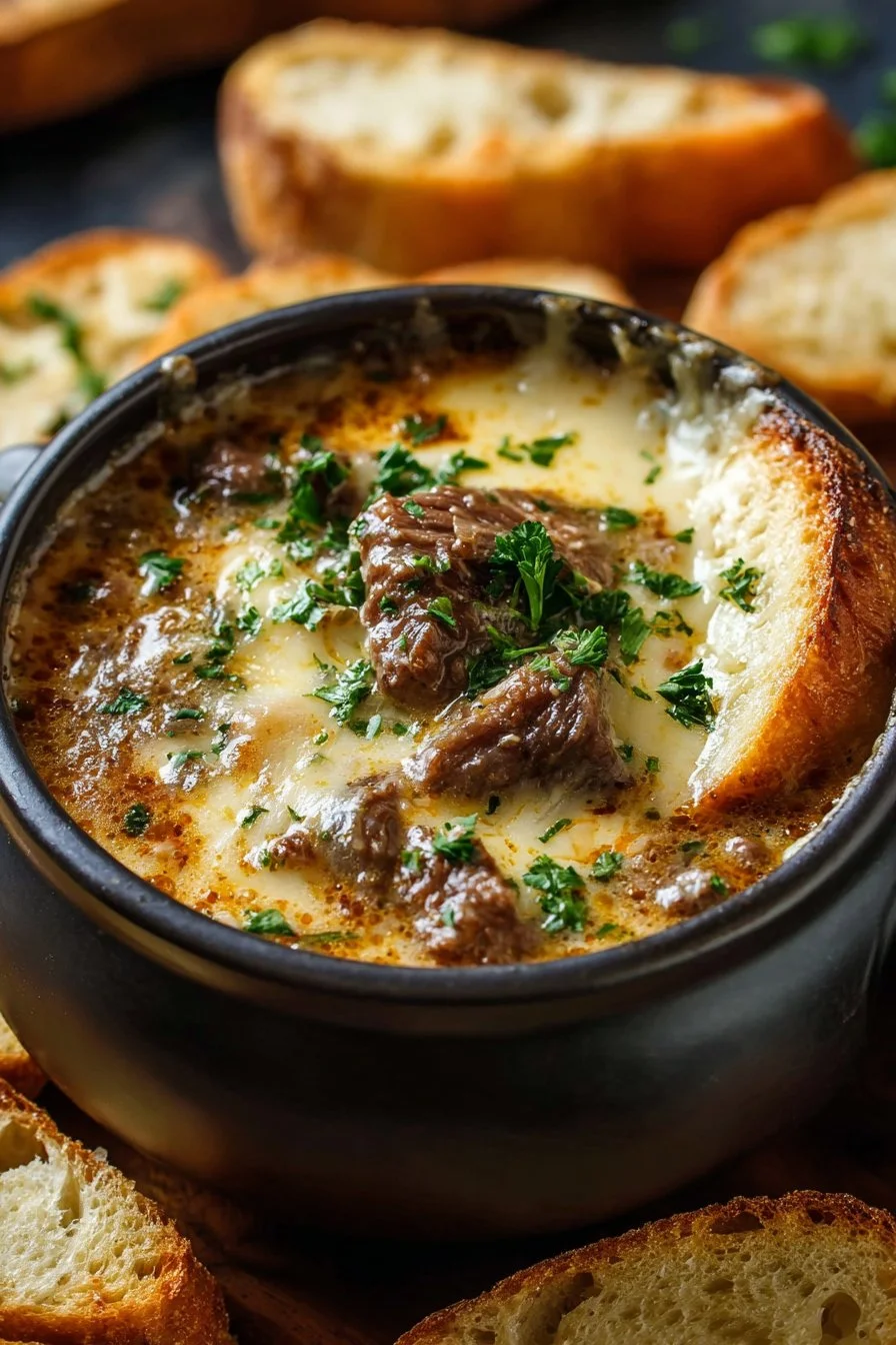 Philly Cheese Steak Soup Recipe: Comfort in a Bowl 3 Bowl of Philly cheese steak soup topped with cheese and herbs