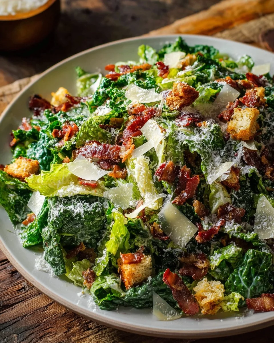 Roasted Garlic & Kale Caesar Salad 3 Roasted Garlic & Kale Caesar Salad with crispy croutons and creamy dressing