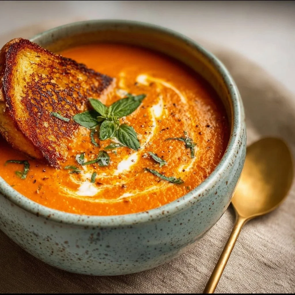 Roasted Tomato Soup 3 Bowl of roasted tomato soup garnished with fresh basil