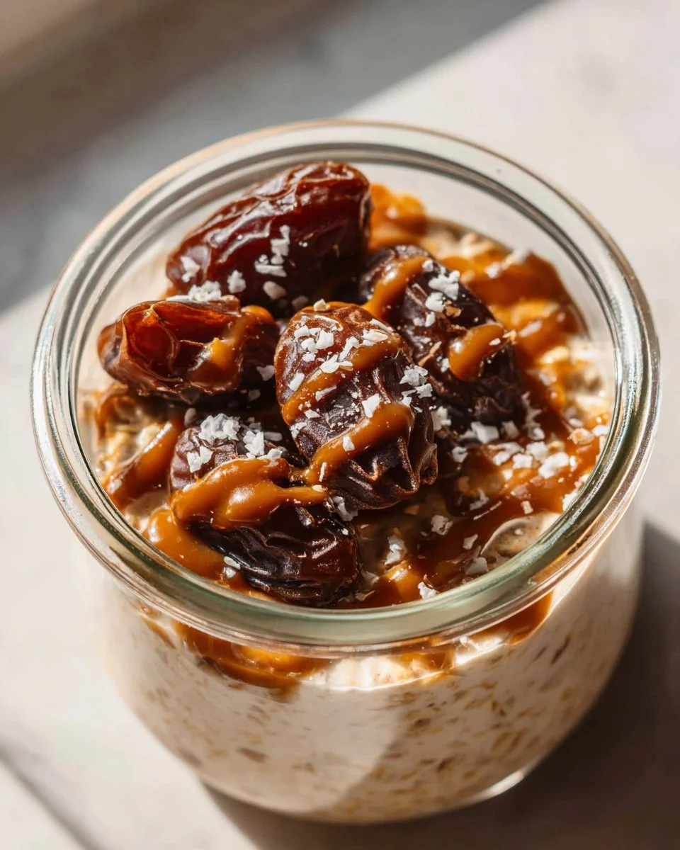Salted Caramel Overnight Oats 3 Bowl of salted caramel overnight oats topped with nuts and caramel drizzle