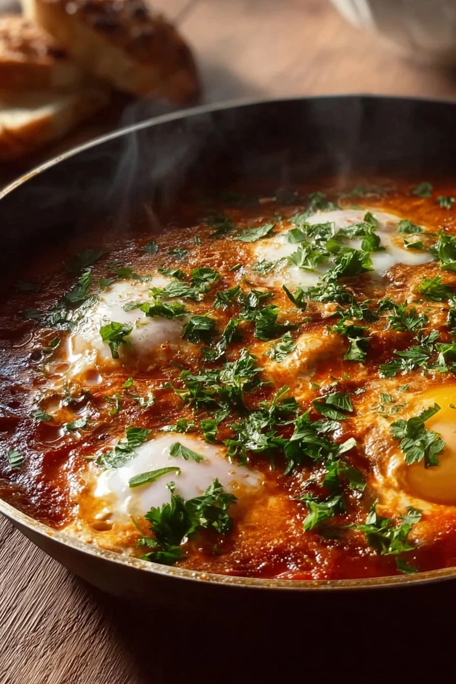 Easy Shakshuka – One-Pan Eggs in Rich Tomato Sauce 3 Serving of Shakshuka with poached eggs in spicy tomato sauce