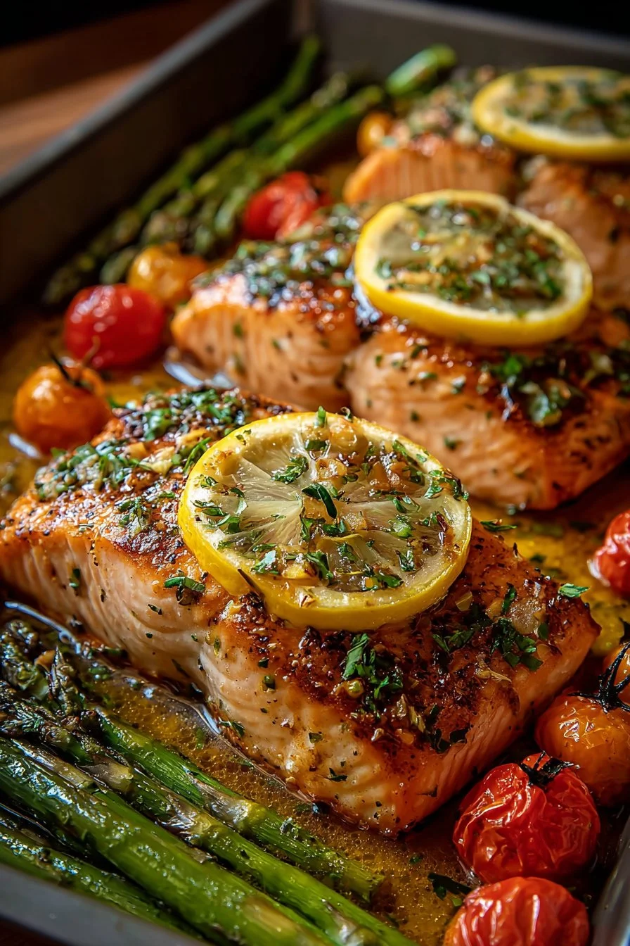 Sheet Pan Garlic Butter Salmon with Vegetables 3 Sheet pan garlic butter salmon topped with herbs and served with colorful vegetables.