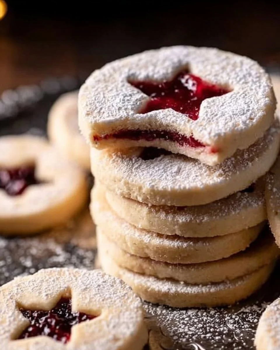 Shortbread Linzer Cookies with Raspberry Jam 3 Shortbread Linzer cookies with raspberry jam filling on a decorative plate