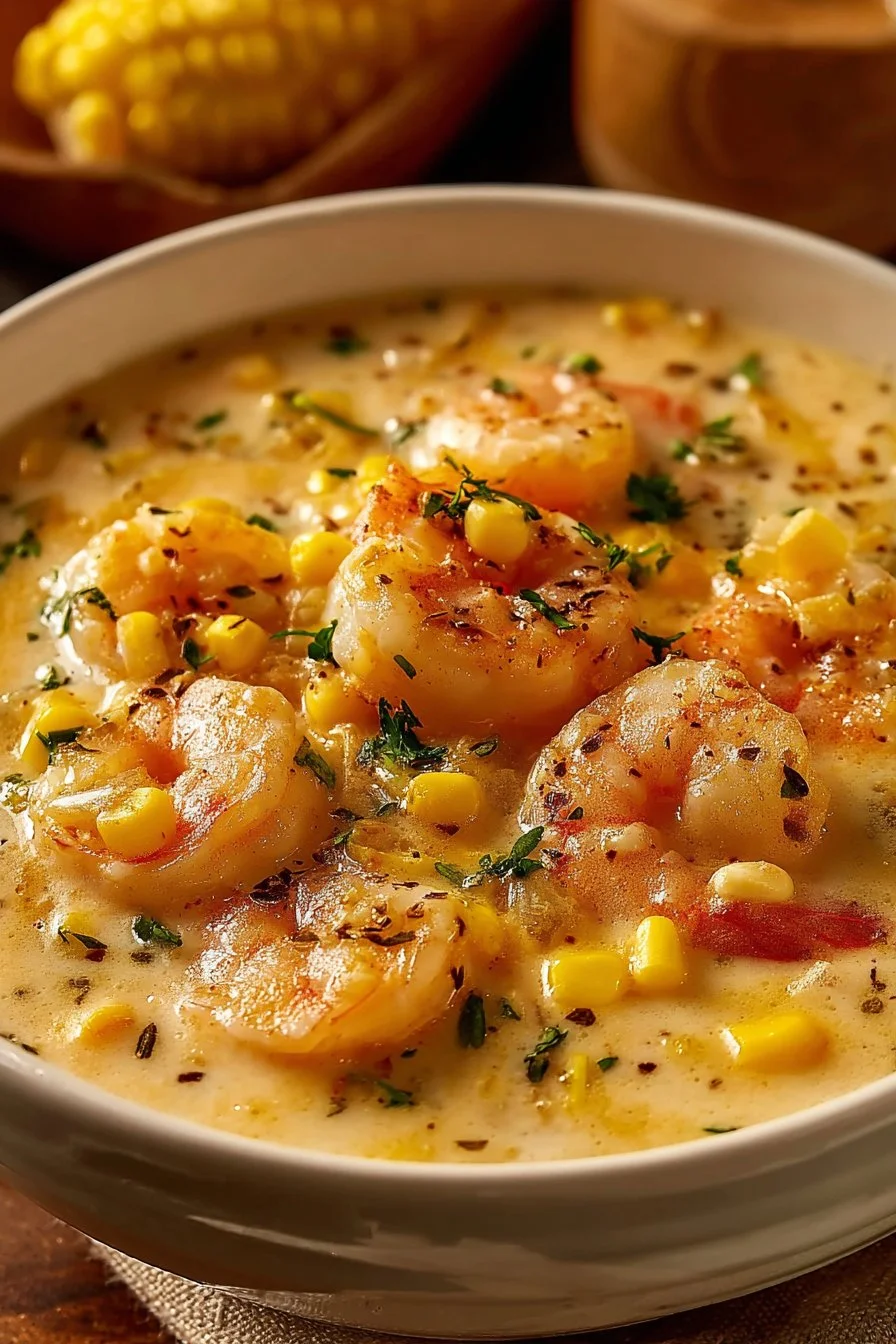 Shrimp and Corn Chowder 3 Bowl of creamy shrimp and corn chowder, garnished with parsley.