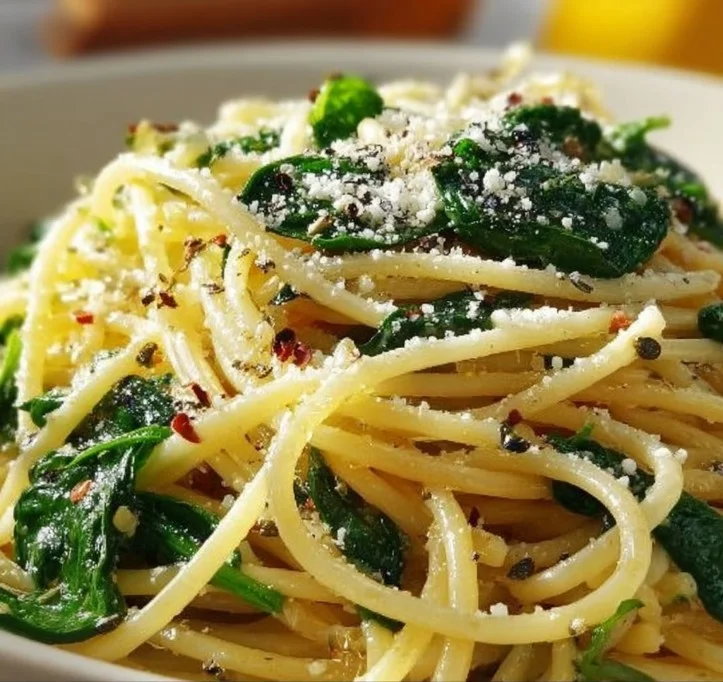 Spaghetti with Garlic & Spinach 3 Plate of spaghetti with garlic and spinach garnished with parmesan cheese