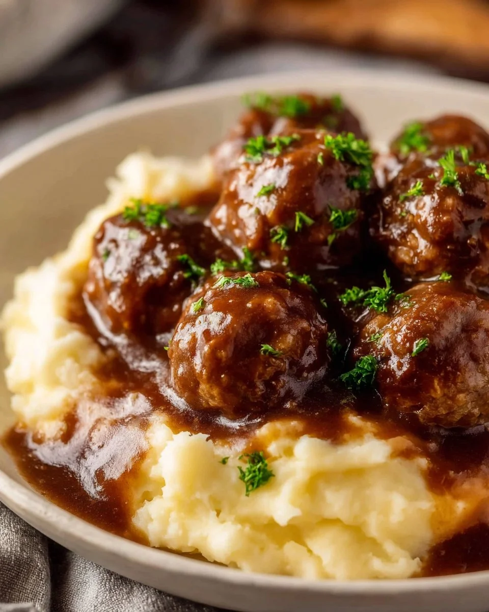 Tasty Slow Cooker Salisbury Steak Meatballs Recipe 3 Delicious slow cooker Salisbury steak meatballs served on a plate