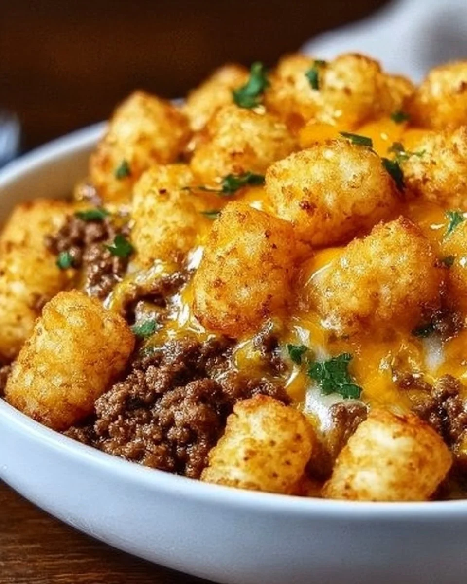 Tater Tot Casserole 3 Delicious tater tot casserole topped with golden brown tater tots and ground beef