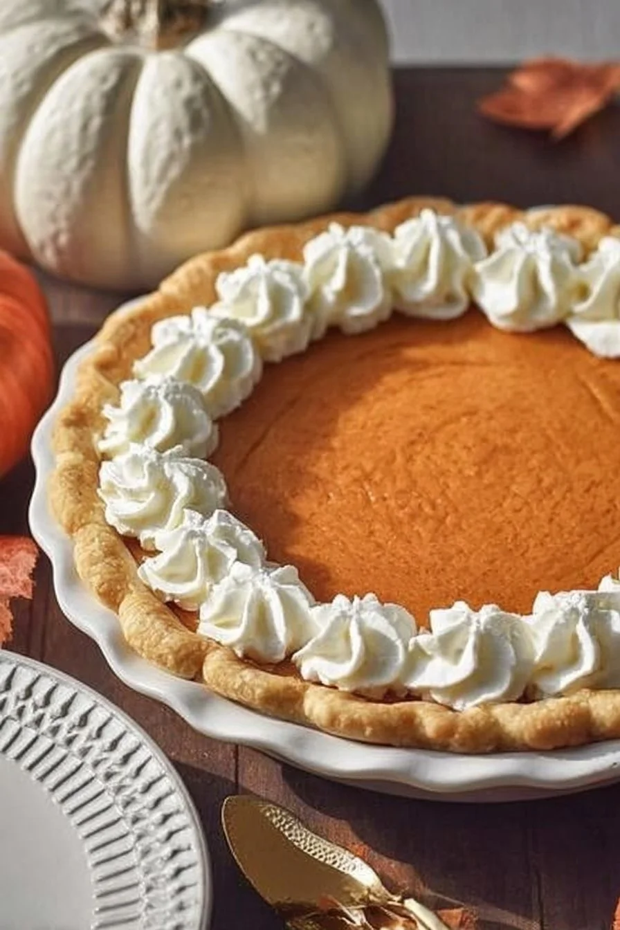 The Best Pumpkin Pie Recipe 3 Delicious pumpkin pie topped with whipped cream on a rustic table