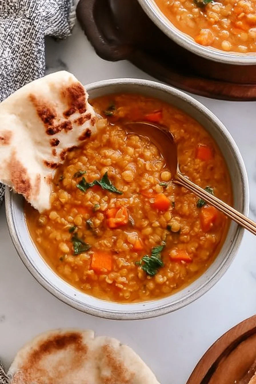 Bowl of delicious red lentil soup topped with herbs and spices