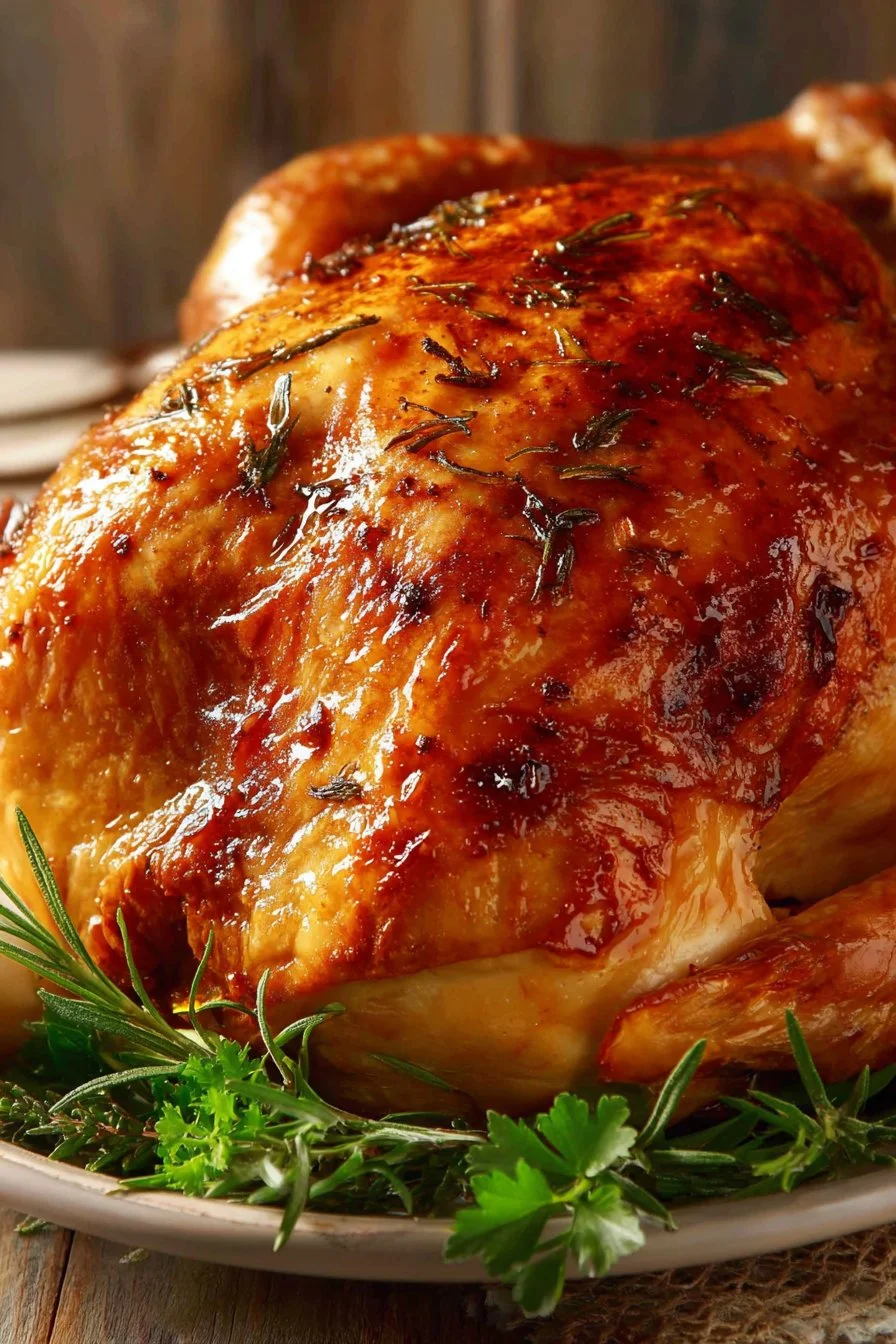 The Best Roast Turkey 3 A beautifully cooked roast turkey on a festive table setting.