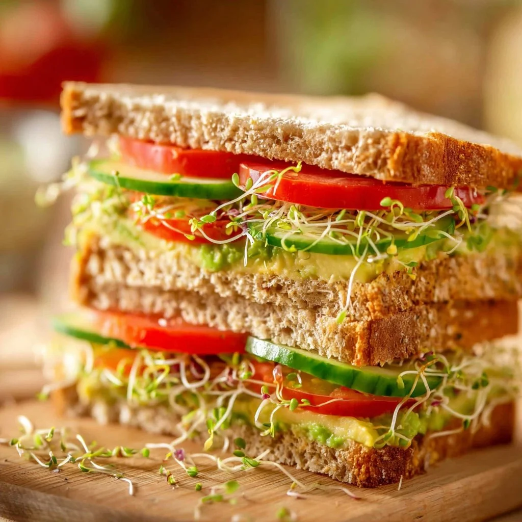 Quick Veggie Hummus Avocado Sandwich (Healthy & Fresh) 3 Veggie hummus avocado sandwich with fresh vegetables stacked for healthy eating