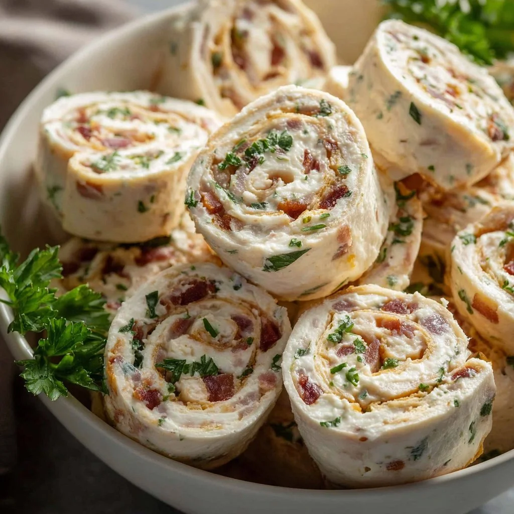Turkey Bacon Ranch Pinwheels 3 Turkey Bacon Ranch Pinwheels rolled with turkey bacon, ranch dressing, and veggies